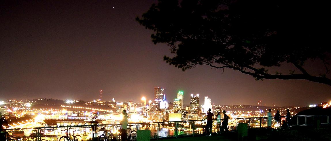A great view of the city of Pittsburgh from the west side at night